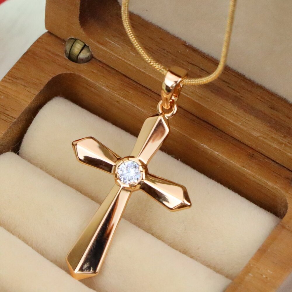 "Rose Gold Cross Pendant with Center Stone Accent in Elegant Finish, XPPT1527